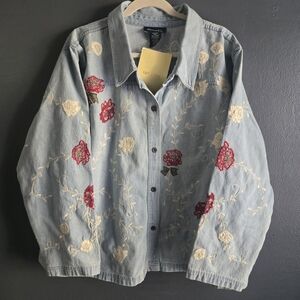 Denim&Co Sky Blue Vintage Cotton Floral Embroidered Jacket 3X